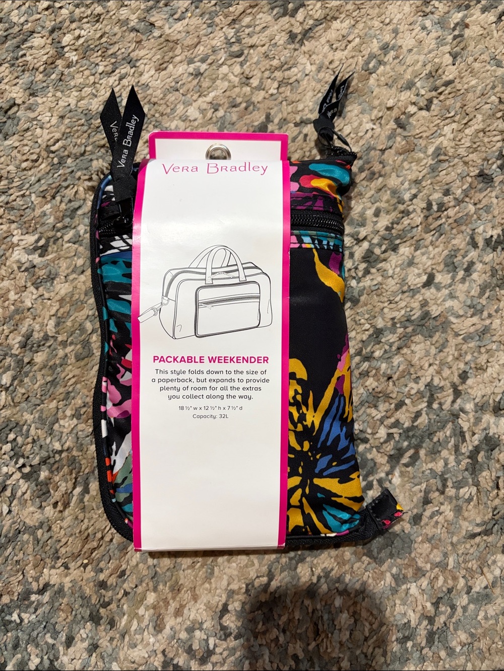 NEW Vera Bradley Packable Weekender - Black with Pink, Teal & Yellow Floral